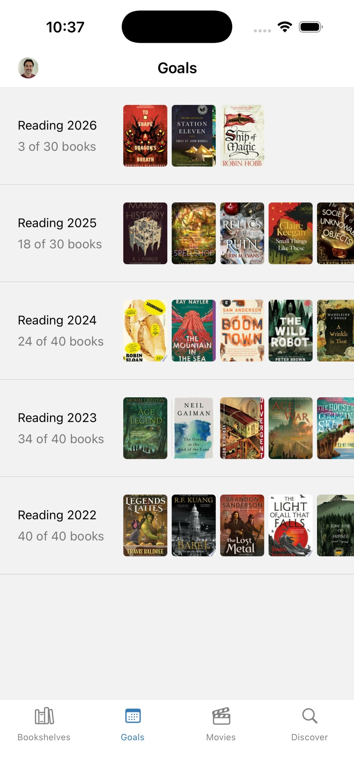 A reading goals list displays progress and book covers for yearly targets from 2022 to 2026, showing the number of books read out of the set goals.